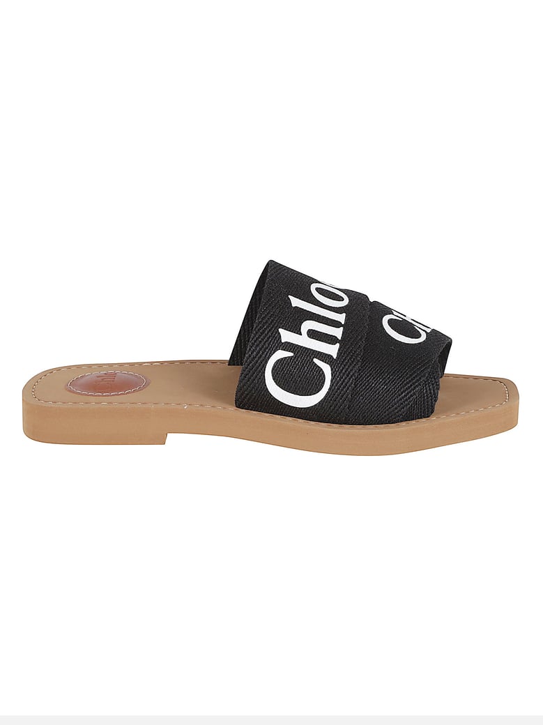 Flat Mule Sandals with Linen Straps and Contrasting Logo