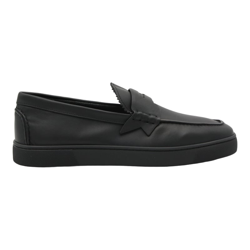 Moccasin-Style Black Leather Flat Shoes with Decorative Strap