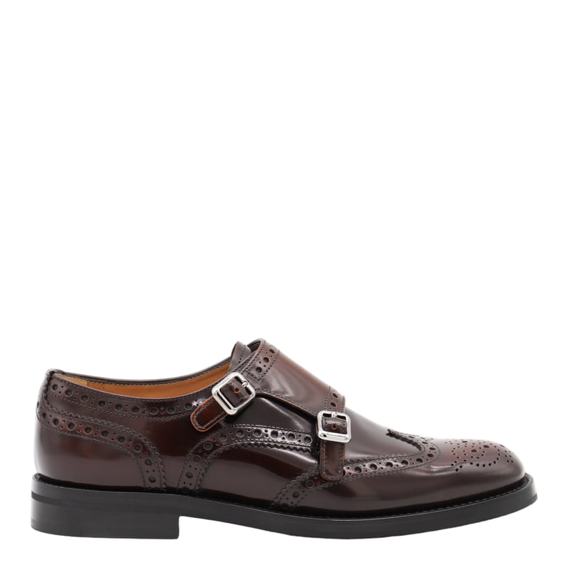 Polished Dark Brown Leather Flats with Brogue Detailing