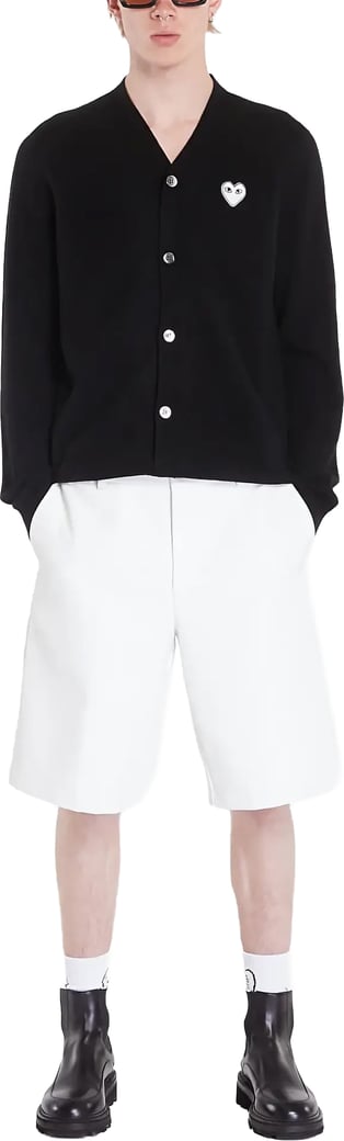 V-neck Cardigan White Emblem Black