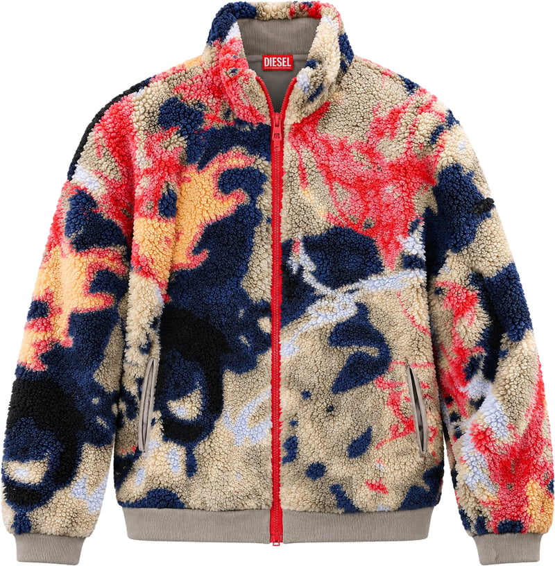 Diesel S-LUKE GIACCA Teddy-fleece Jacket with Graffiti Motif in Brown x Red, Size XXL