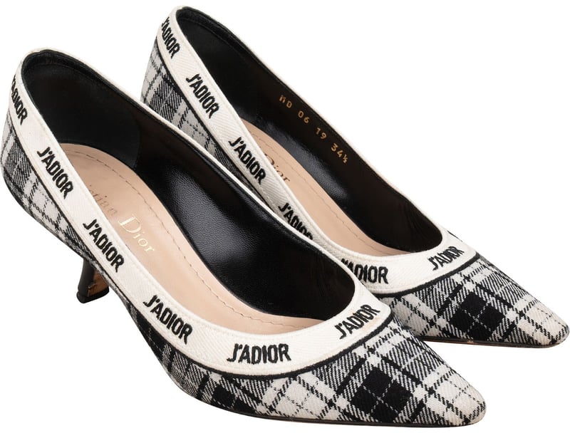 Christian Dior Black & White J'Adior Plaid Tartan Fabric Kitten Heel Pumps (34,5)