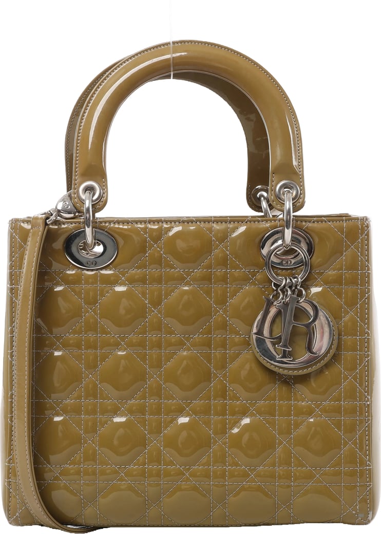 Christian Dior Lady Dior Cannage Patent Leather 2Way Handbag in Khaki