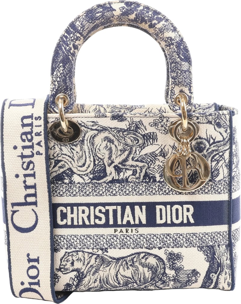 Christian Dior D-Lite Toile Doo JUY Embroidery Canvas 2Way Handbag in Beige x Navy Blue