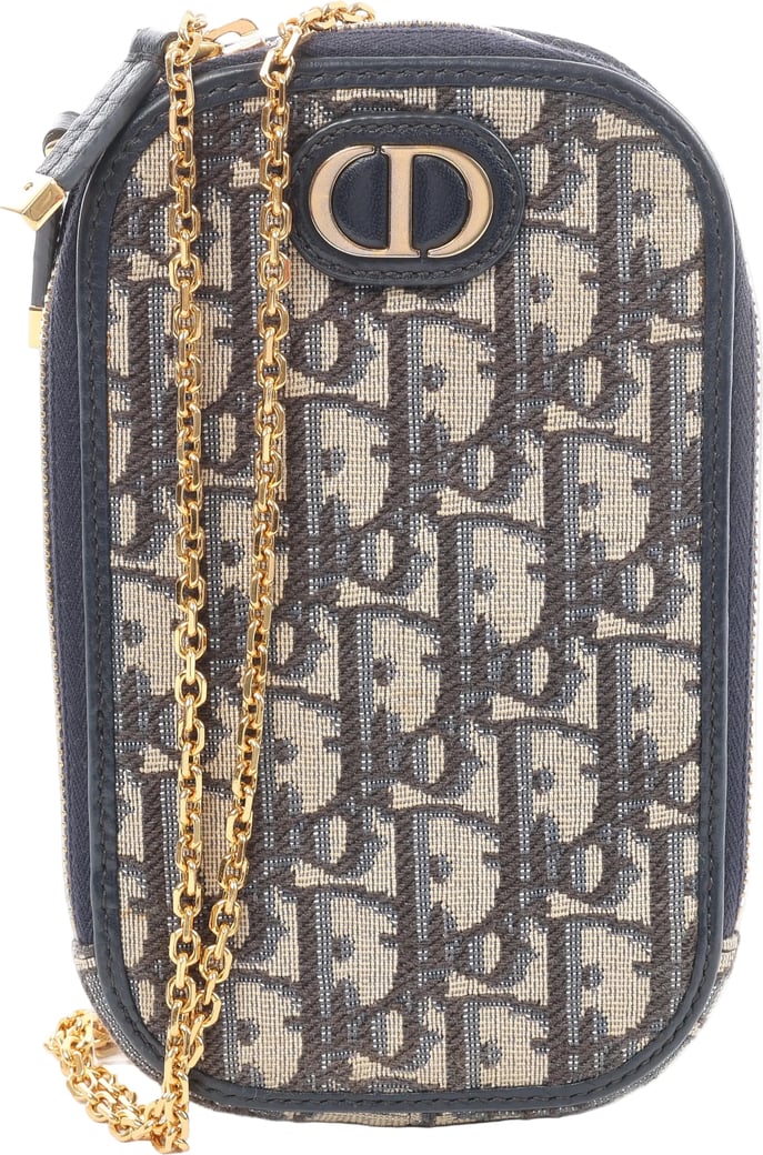 Christian Dior 30 Montaigne Call'in Dior Phone Holder Oblique Canvas & Leather Chain Shoulder Bag in Navy Blue