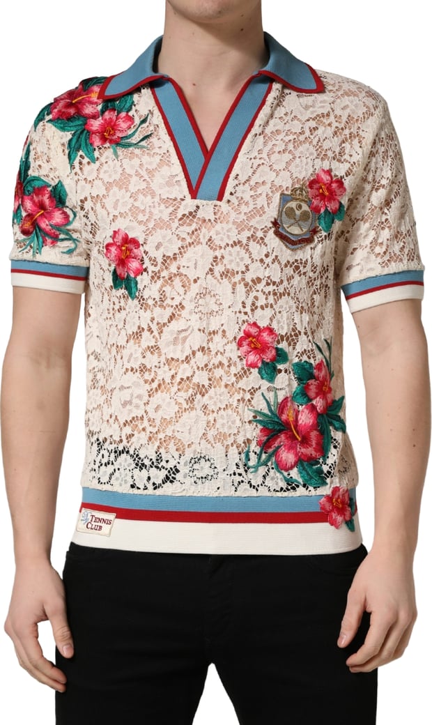 Dolce & Gabbana Beige Floral Tennis Club Lace Polo T-shirt