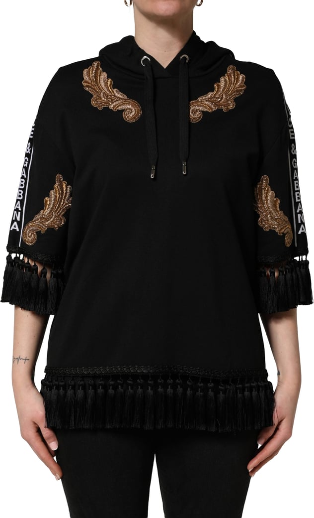 Dolce & Gabbana Black Embroidered Tassel Hooded Sweatshirt Sweater