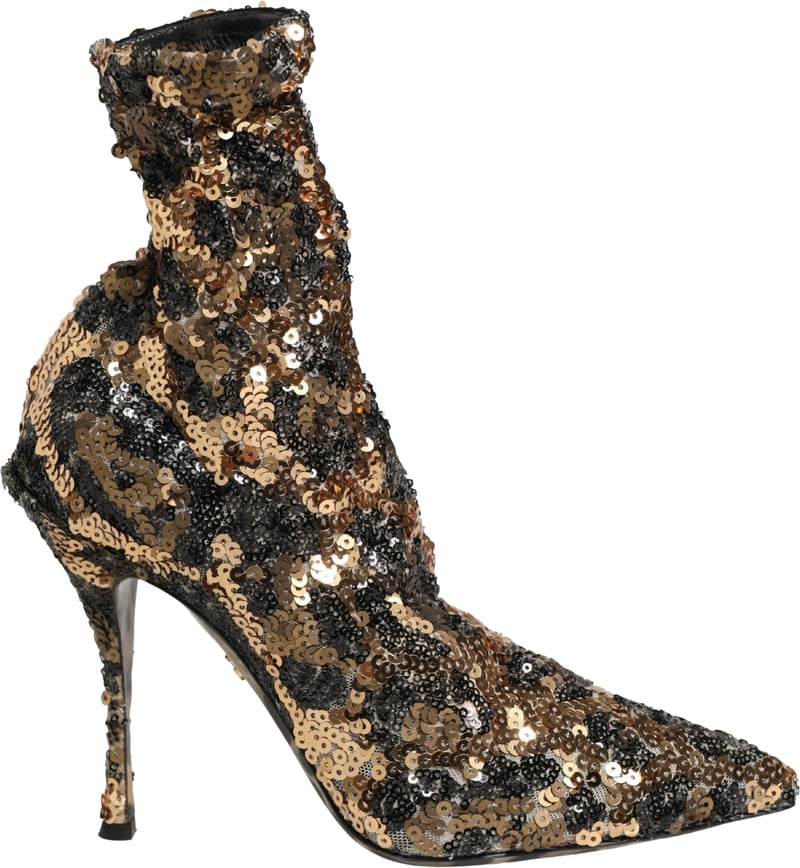 Dolce & Gabbana Gold Leopard Sequin Sock Ankle Boots Shoes