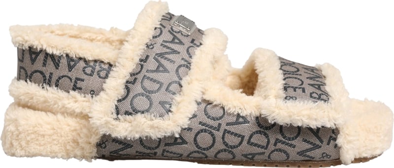 Dolce & Gabbana Beige Faux Fur Logo Print Flats Sandals Shoes