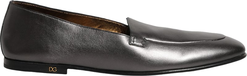 Dolce & Gabbana Silver Leather DG Logo Slip On Loafers Shoes