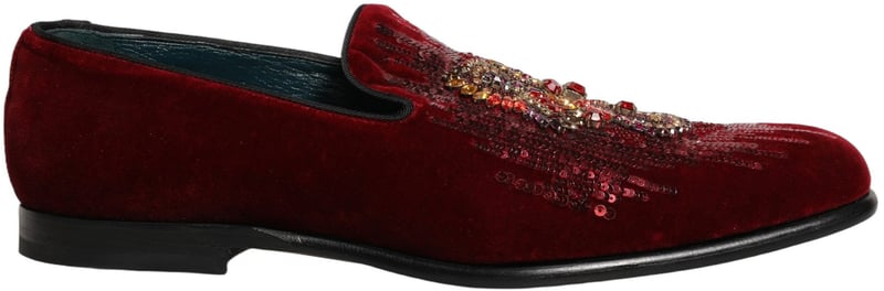 Dolce & Gabbana Maroon Sequin Gemstone Dress Loafers Shoes