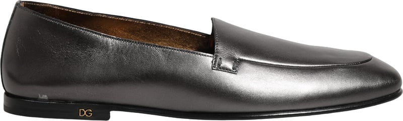 Dolce & Gabbana Silver Leather DG Logo Slip On Loafers Shoes