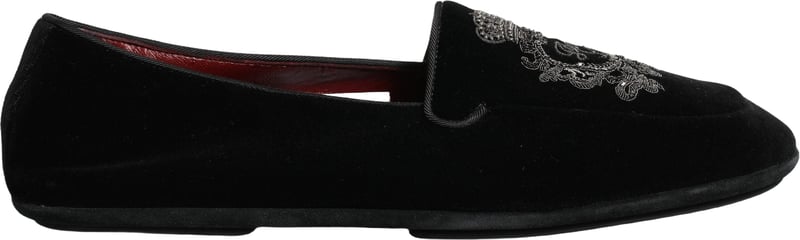 Dolce & Gabbana Black Velvet Crown Embroidery Loafers Shoes