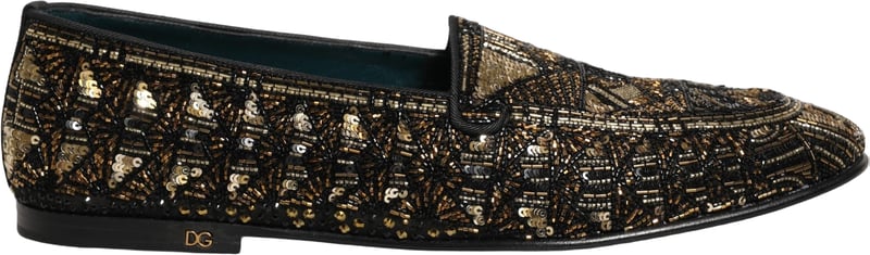 Dolce & Gabbana Black Gold Embellished Slip On Loafers Shoes
