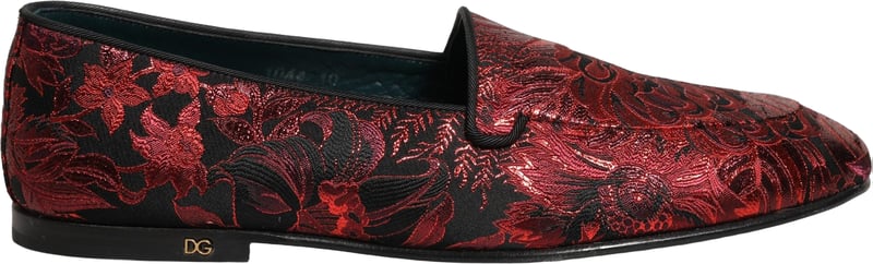 Dolce & Gabbana Red Floral Jacquard Slip On Loafers Shoes