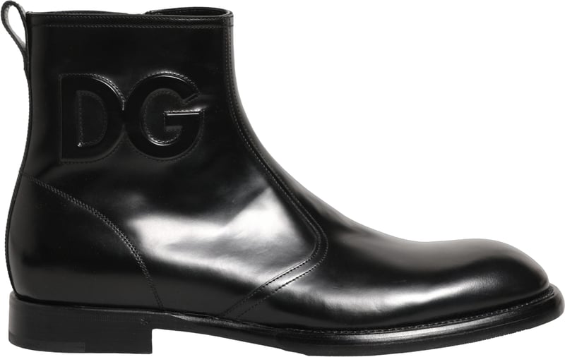 Dolce & Gabbana Black Leather Embossed Logo Ankle Boots Shoes