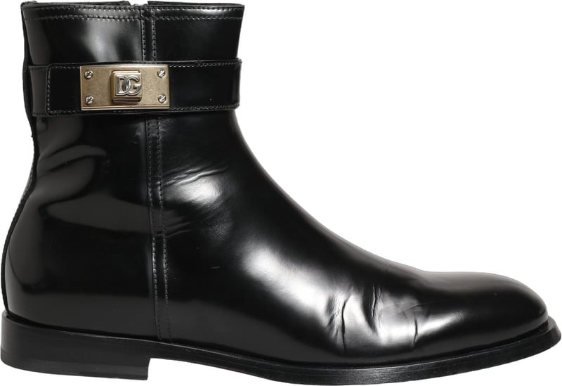 Dolce & Gabbana Black Leather Logo Buckle Mid Calf Boots Shoes