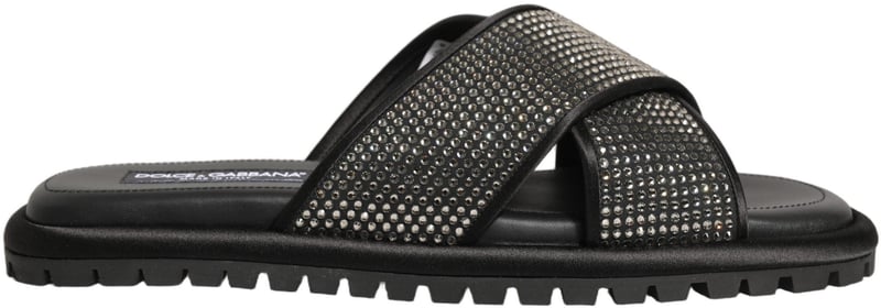 Dolce & Gabbana Black Strass Criss Cross Slide Sandals Shoes