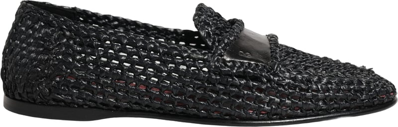 Dolce & Gabbana Black Woven Raffia Slip On Loafers Shoes
