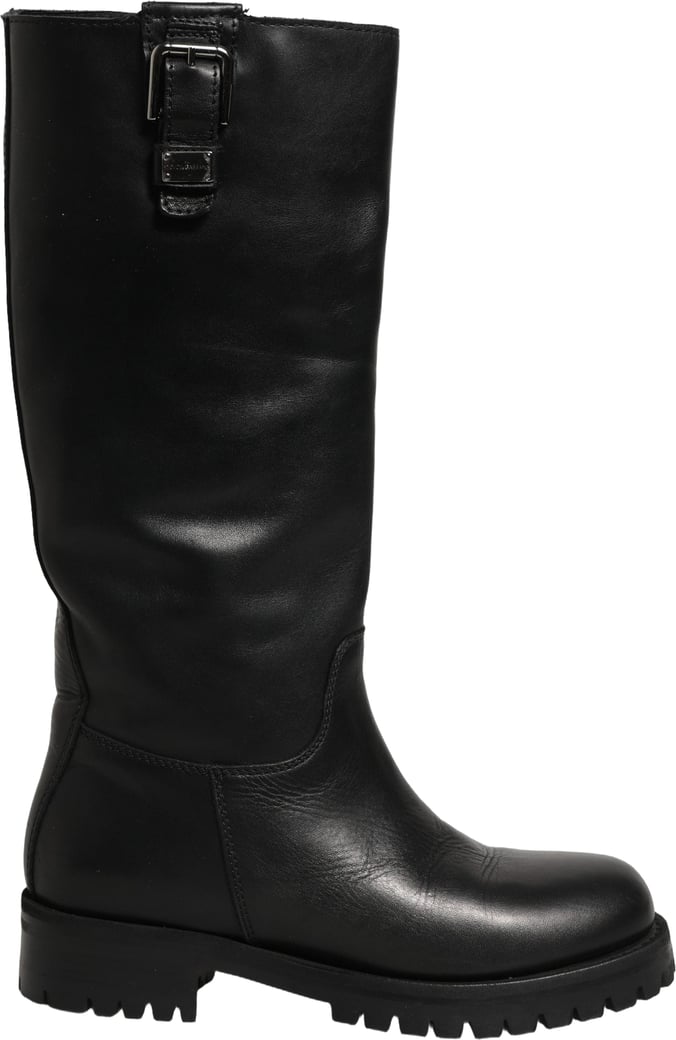 Dolce & Gabbana Black Leather Buckle Detail Mid Calf Boots Shoes