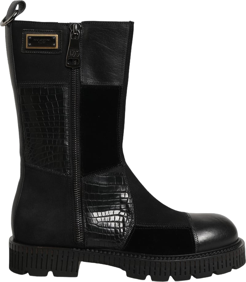 Dolce & Gabbana Black Patchwork Leather Mid Calf Boots Shoes