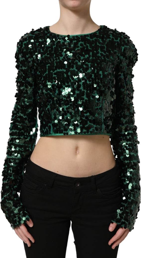 Dolce & Gabbana Green Sequined Long Sleeves Crop Blouse Top