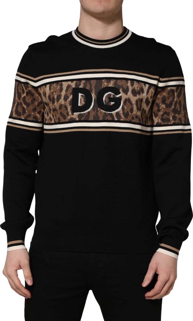 Dolce & Gabbana Black Leopard Wool Crew Neck Men Pullover Sweater