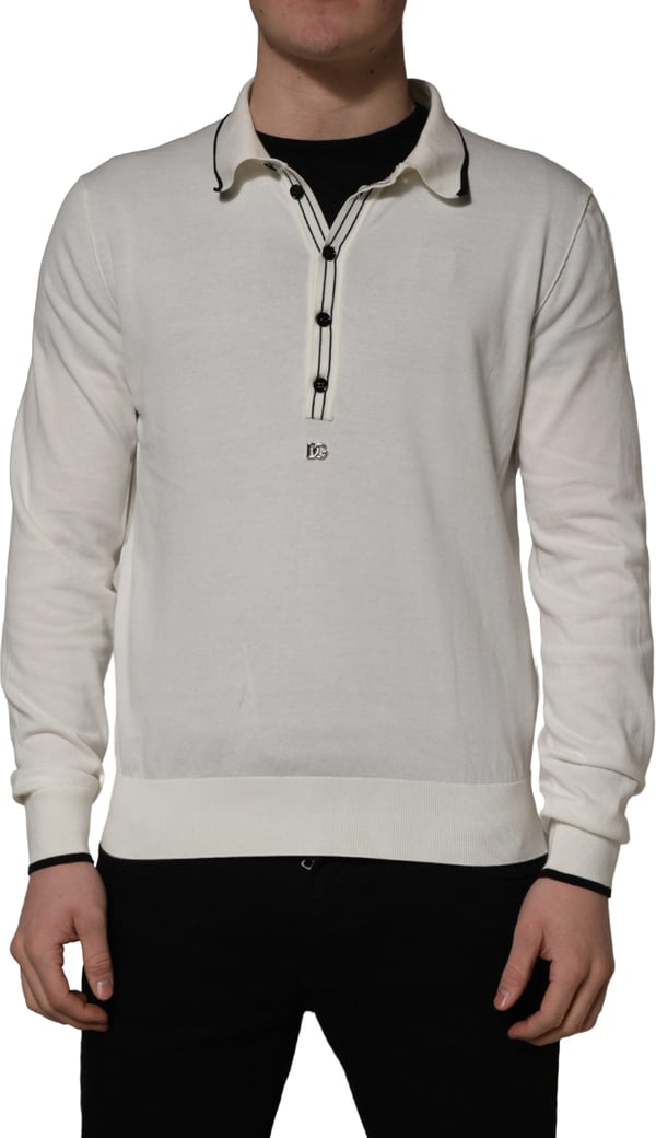 Dolce & Gabbana White Cotton Blend Men Polo Pullover Sweater