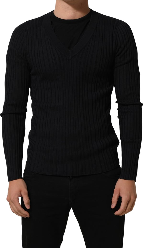 Dolce & Gabbana Black Silk Blend V-neck Pullover Men Sweater