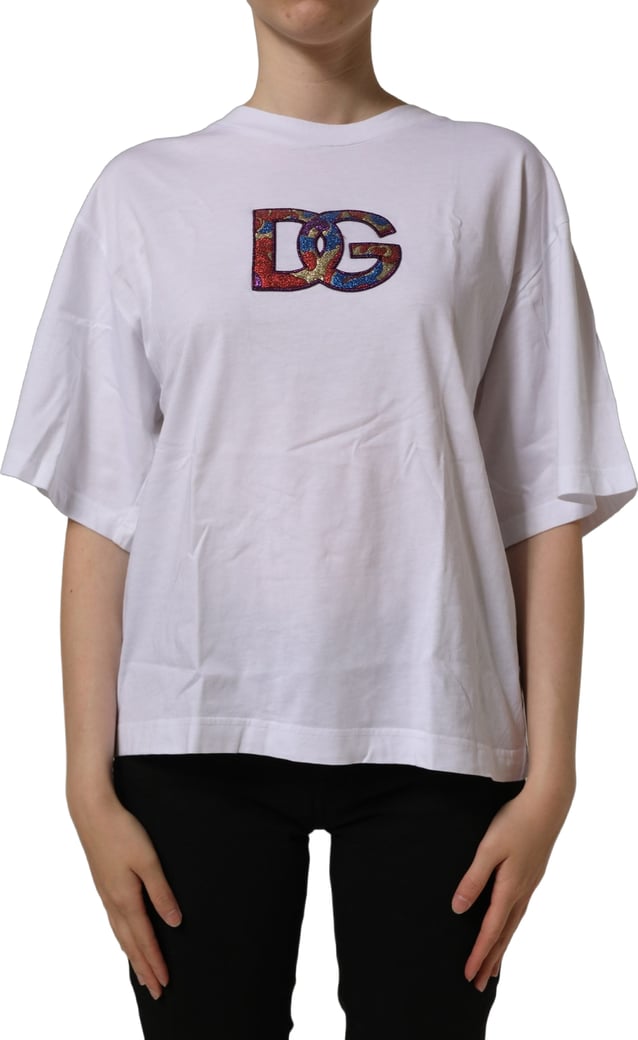 Dolce & Gabbana White Logo Patch Cotton Crew Neck T-shirt