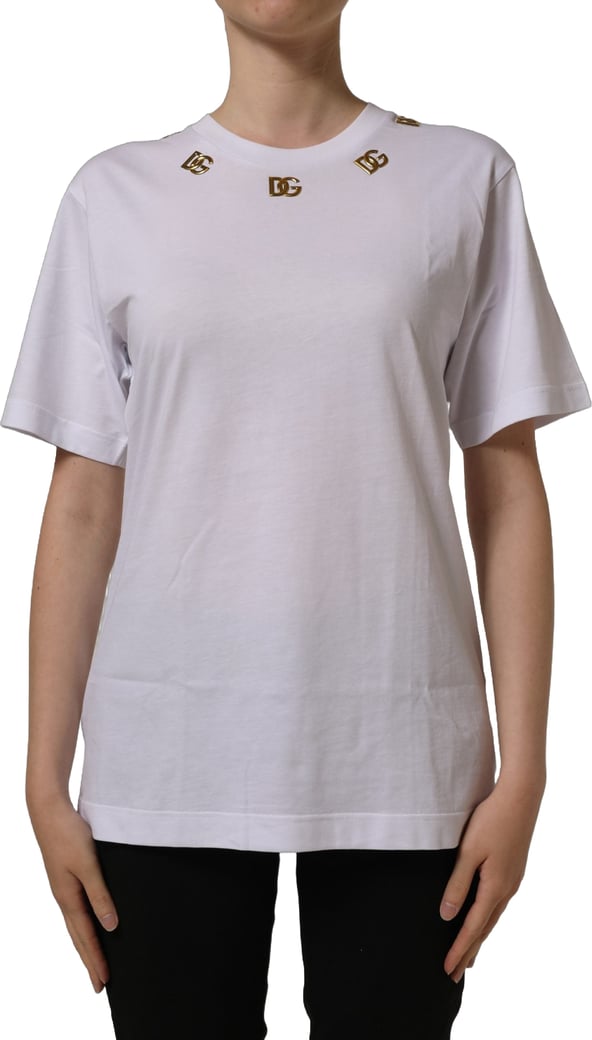 Dolce & Gabbana White Cotton Gold DG Logo Crew Neck T-shirt