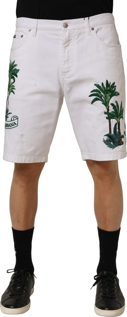 Dolce & Gabbana White Palm Embroidery Denim Bermuda Shorts