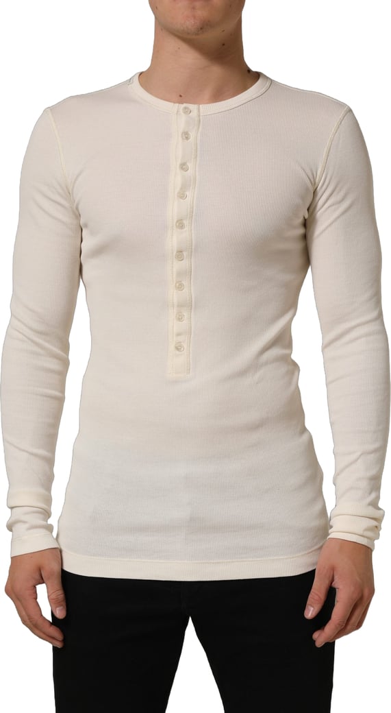 Dolce & Gabbana Off White Cotton Henley Long Sleeves T-shirt