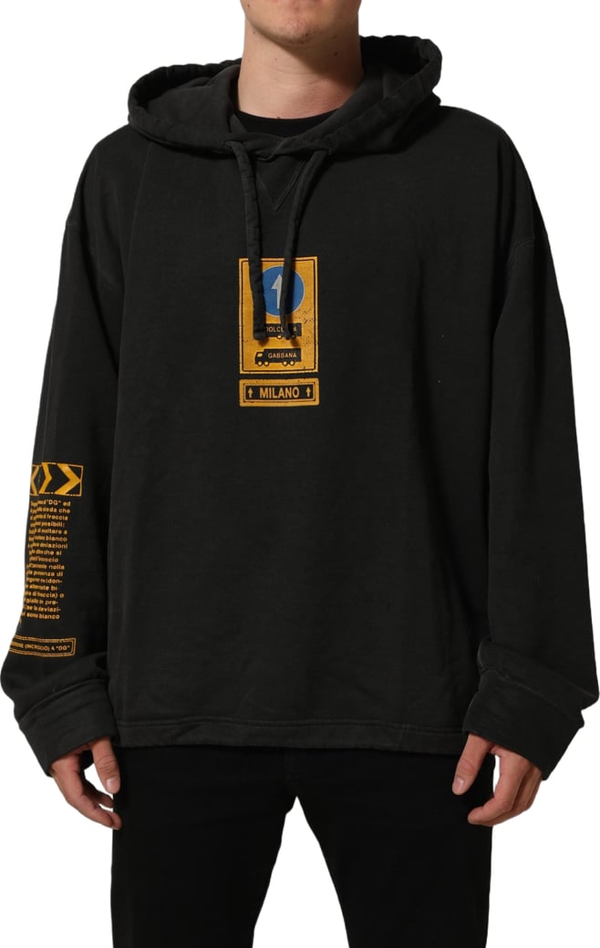 Dolce & Gabbana Black Cotton Logo Hooded Oversize Sweater