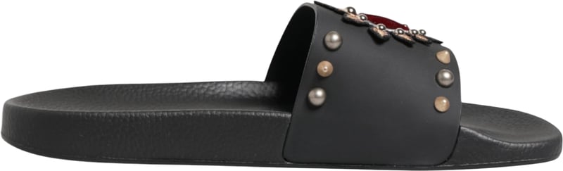 Dolce & Gabbana Black Heart Patch Rubber Calfskin Slippers Shoes