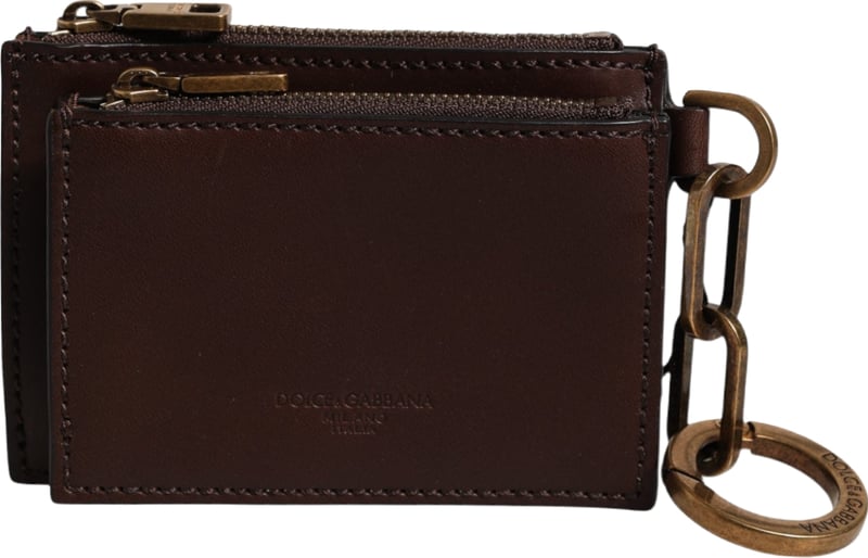 Dolce & Gabbana Brown Leather Logo Embossed Key Chain Coin Purse Wallet