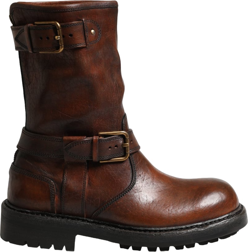 Dolce & Gabbana Brown Leather Mid Calf Biker Boots Shoes