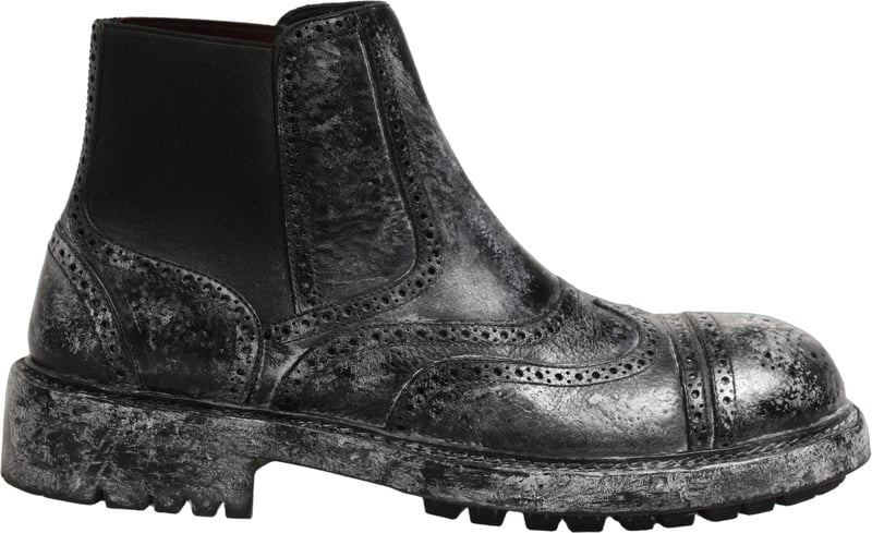 Dolce & Gabbana Black Gray Leather Ankle Chelsea Boots Shoes