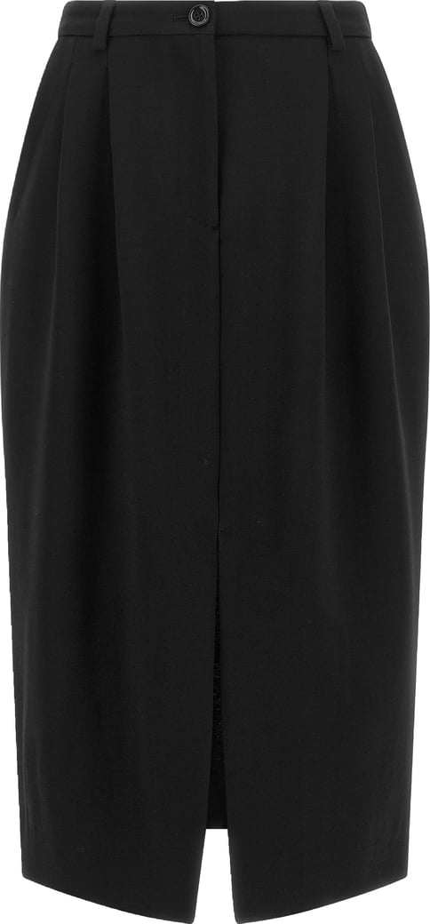 Tailored Front Slit Pleated Waistband Midi Skirt