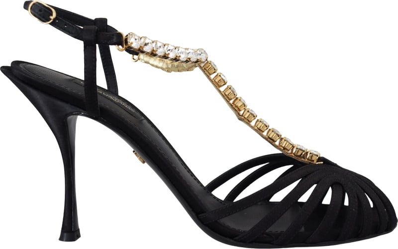 Dolce & Gabbana Black Satin Clear Crystal T-strap Sandal Shoes