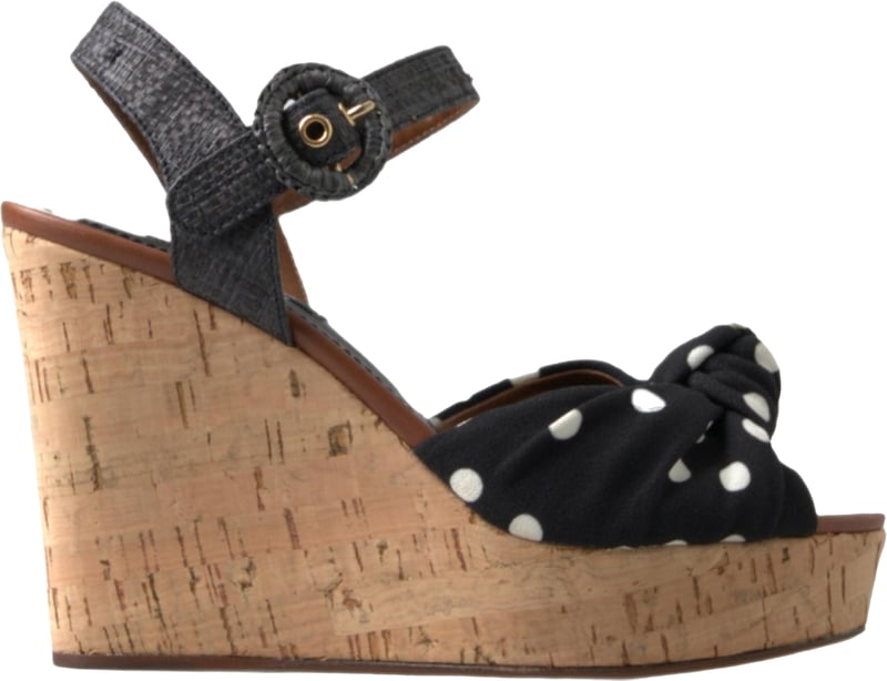 Dolce & Gabbana Black Wedges Polka Dotted Ankle Strap Shoes Sandals