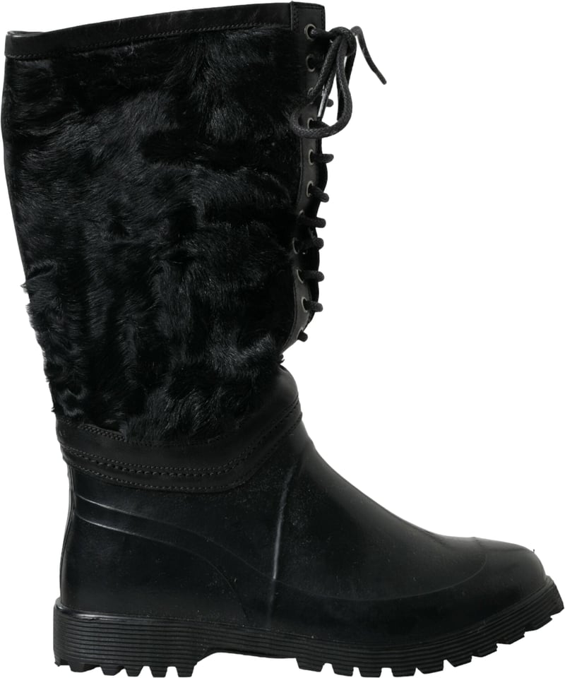 Dolce & Gabbana Black Rubber Lace Up Shearling Rain Boots Shoes