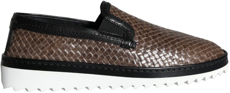 Dolce & Gabbana Brown Black Leather Weaved Men Loafers Shoes