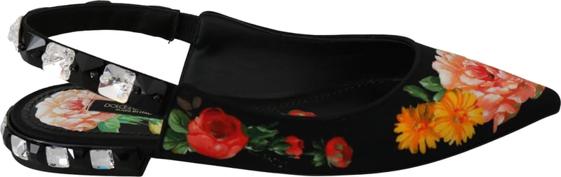 Dolce & Gabbana Black Floral Crystal Slingbacks Flats Shoes