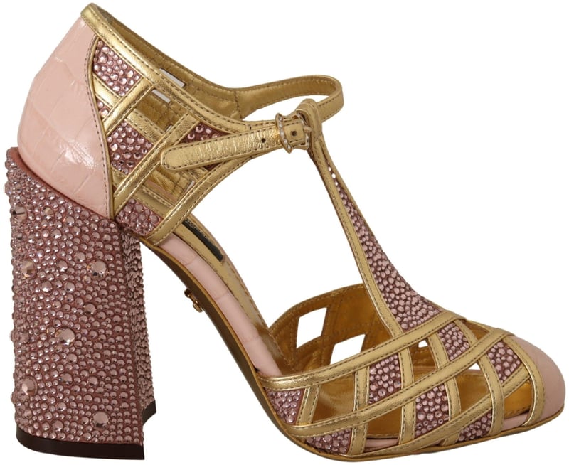 Dolce & Gabbana Pink Gold Leather Crystal Pumps T-strap Shoes