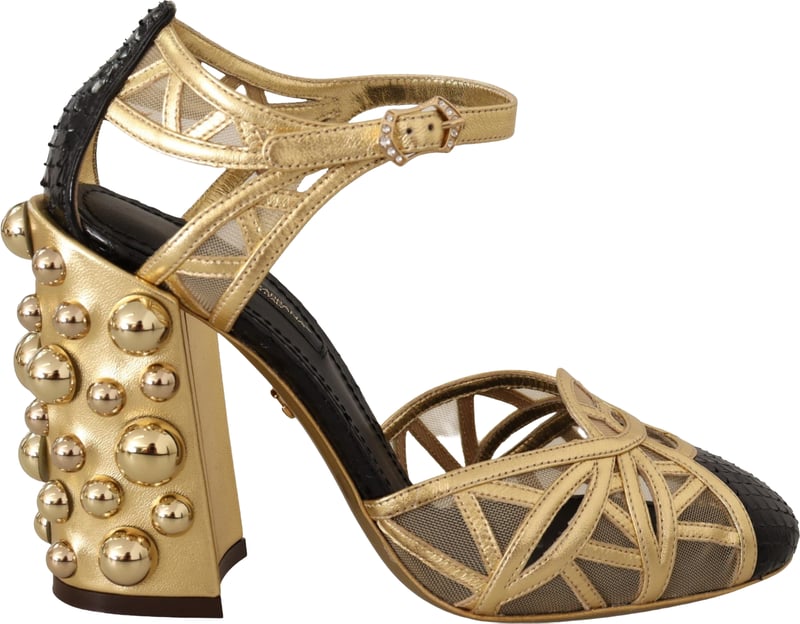 Dolce & Gabbana Black Gold Leather Studded Ankle Straps Shoes