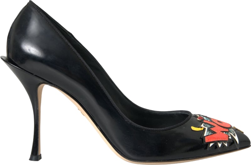 Dolce & Gabbana Black Leather WOW Patch Heels Pumps Shoes