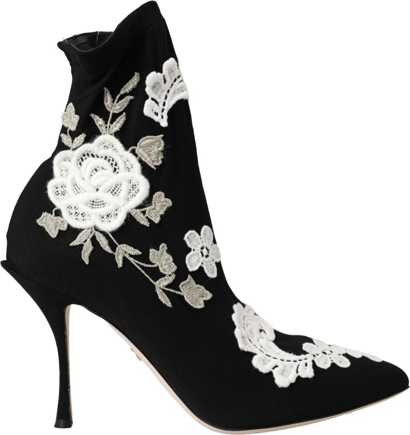 Dolce & Gabbana Black White Embroidery Slip On Boots Shoes