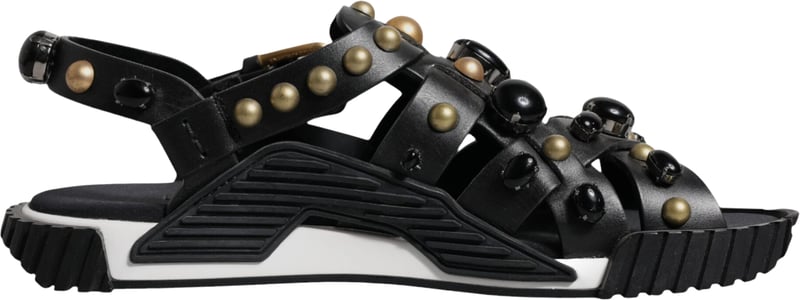 Dolce & Gabbana Black Leather Studded Slides Sandals Shoes