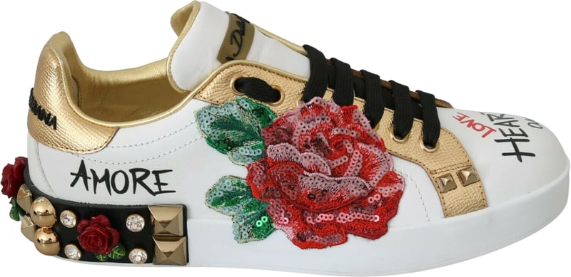 Dolce & Gabbana White Roses Sequined Crystal Womens Sneakers Shoes
